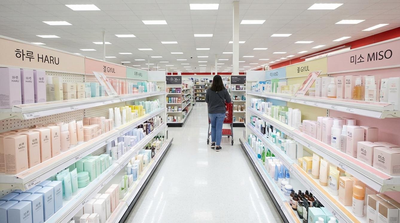 월마트·타겟·아마존 로고와 K-Beauty 제품 이미지를 나란히 배치한 인포그래픽