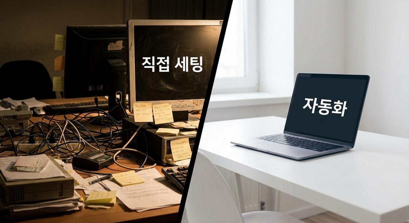 직접 세팅 vs 자동화 솔루션 비교 인포그래픽 - 소요 시간, 필요 역량, 유지보수 부담 비교